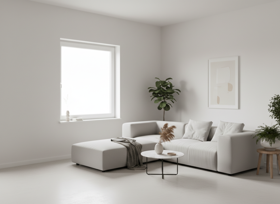 Kunststofffenster, weißer Kunststoffrahmen, modernes Einzelfenster mit breiter Fensterbank im minimalistischen Wohnzimmer