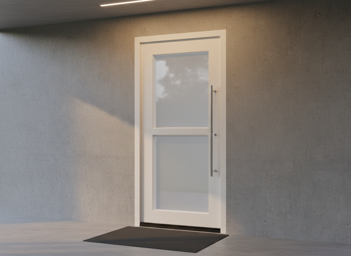 Haustür weiß, Kunststoff mit zwei halbtransparenten Glasfüllungen und langem Edelstahlgriff, modernes Design