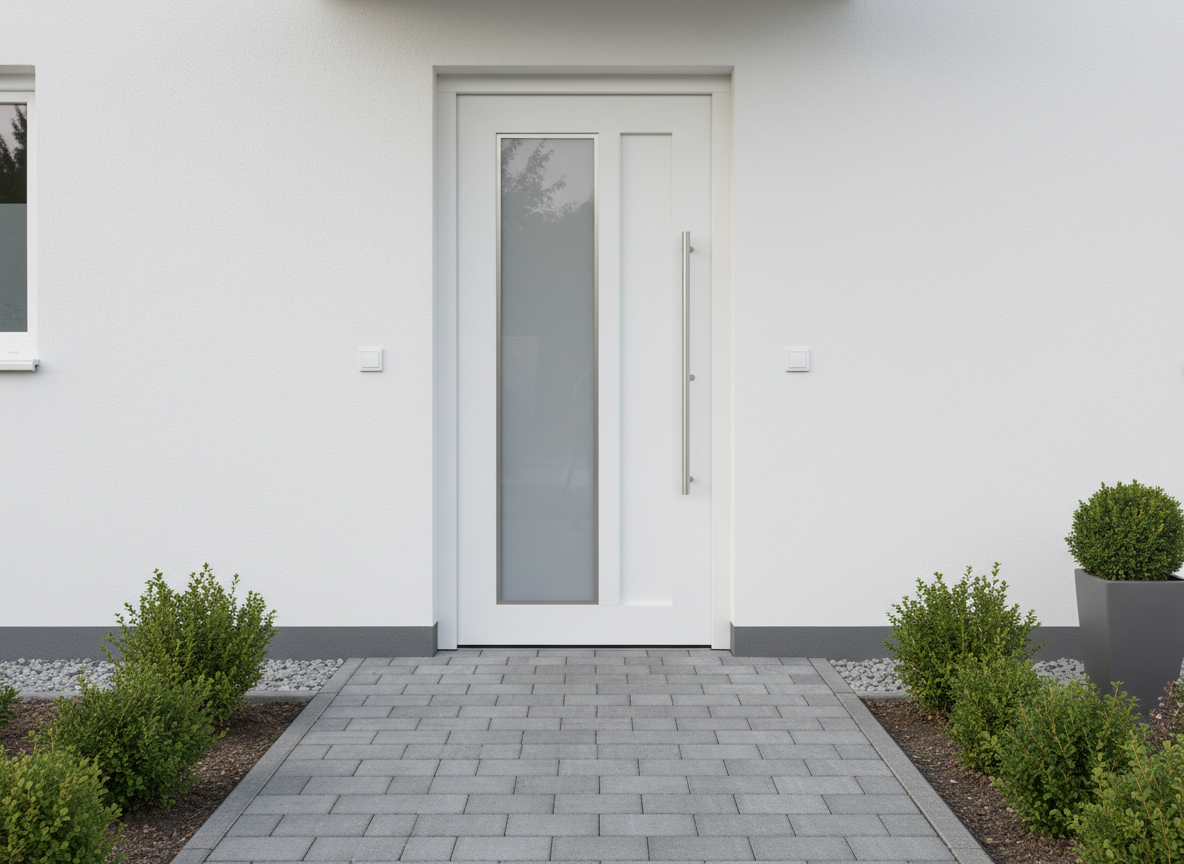 Haustür weiß aus Kunststoff mit schmaler Glasfüllung und langem Edelstahlgriff, moderner Hauseingang