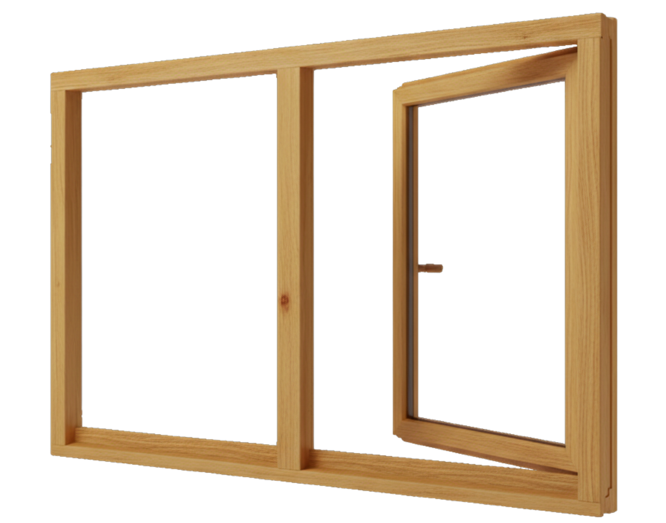 Holzfenster hellbraun aus Holz, offener Flügel rechts, mittlerer Steg und rechteckiger Rahmen