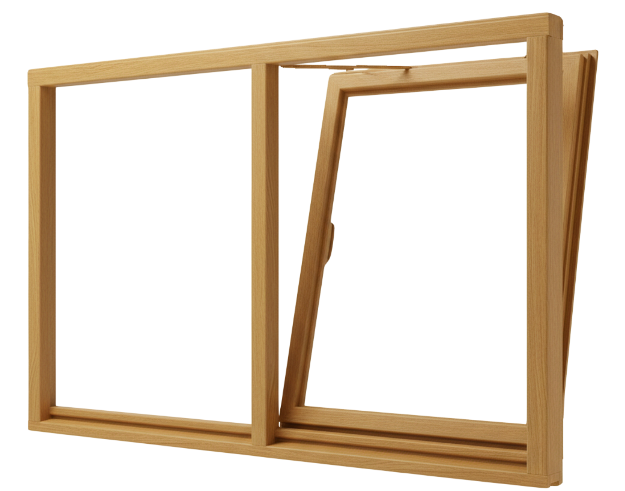 Holzfenster in hellbraun, Holzrahmen mit gekipptem Flügel, naturfarbene Oberfläche