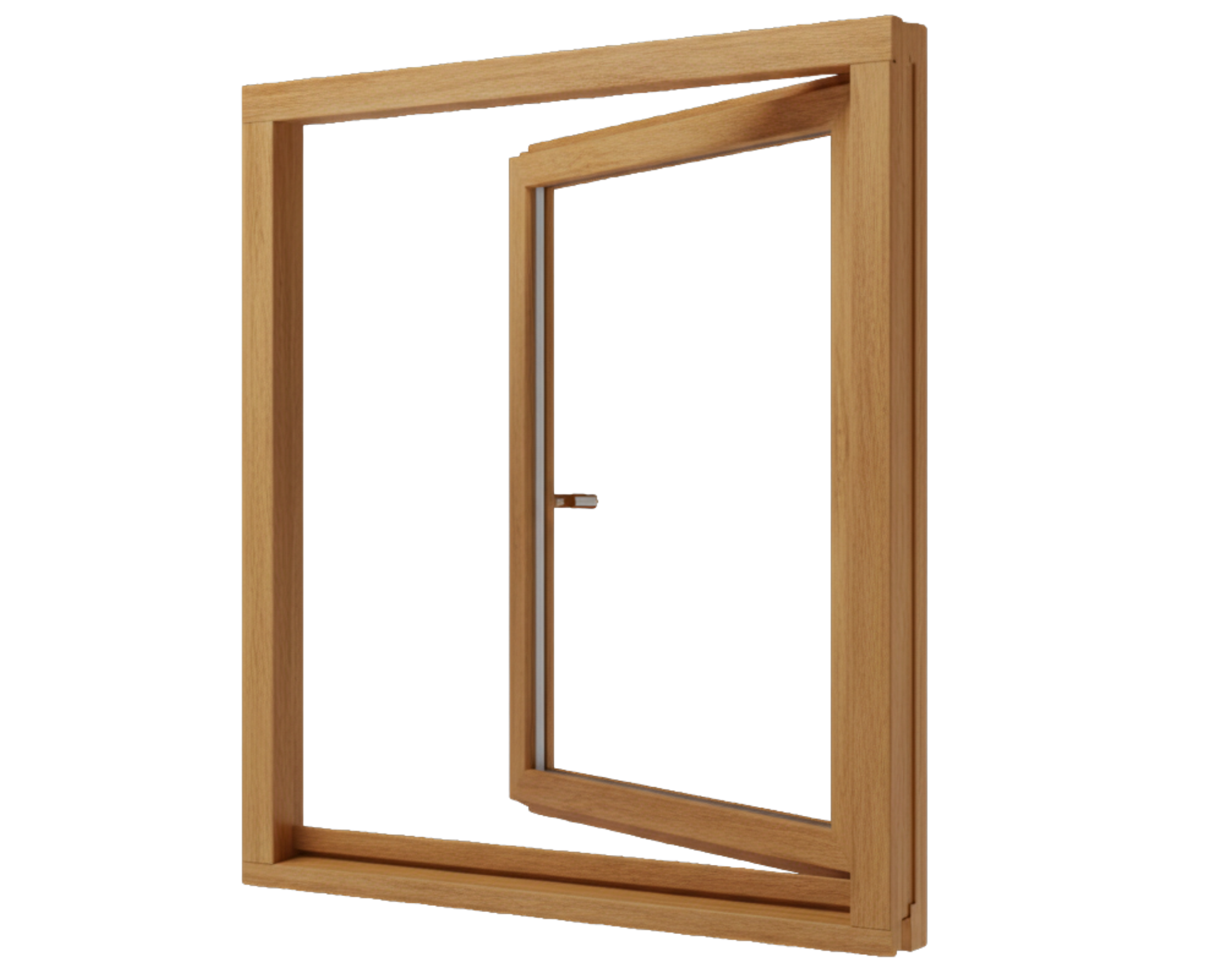Holzfenster eichefarben, einflügeliger Holzrahmen geöffnet mit Griff, modernes Design